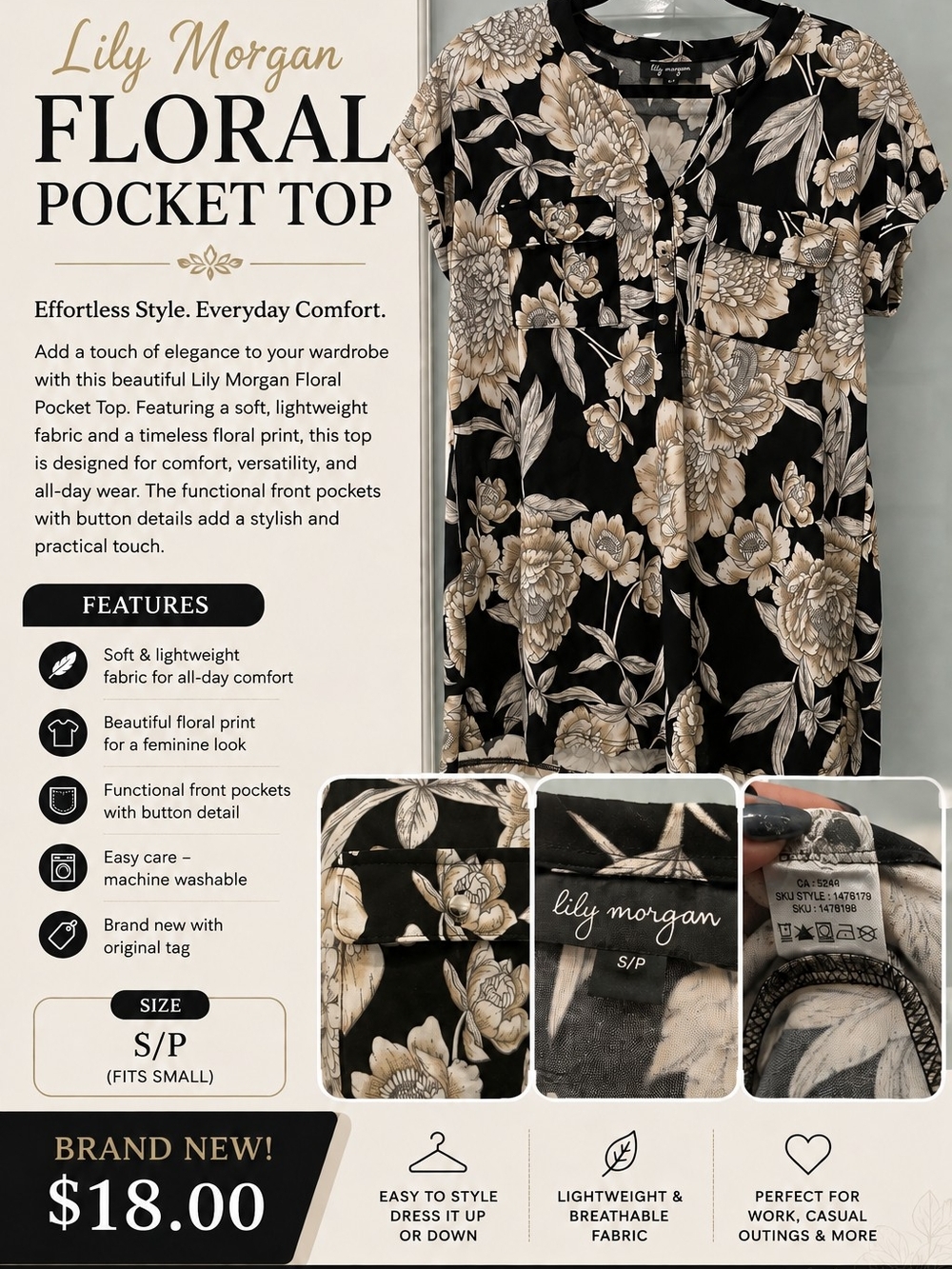 Black & Beige Floral Pocket Top